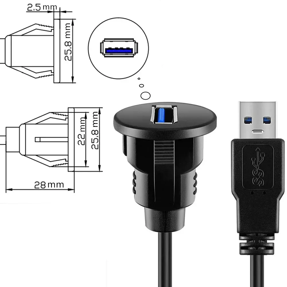 Enchufe USB de doble puerto extensible Cabe USB3.0, Cable de extensión de montaje empotrado para coche, Panel de tablero, Cable USB cuadrado para coche y motocicleta - imagen 4
