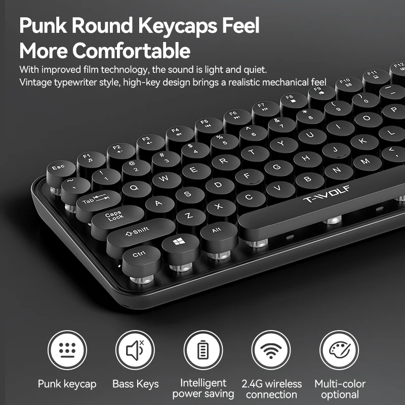 Punk redondo 105 teclas mujeres teclado de ordenador ratón Combo 2,4G inalámbrico Oficina recargable PC teclado y ratón conjunto - imagen 5
