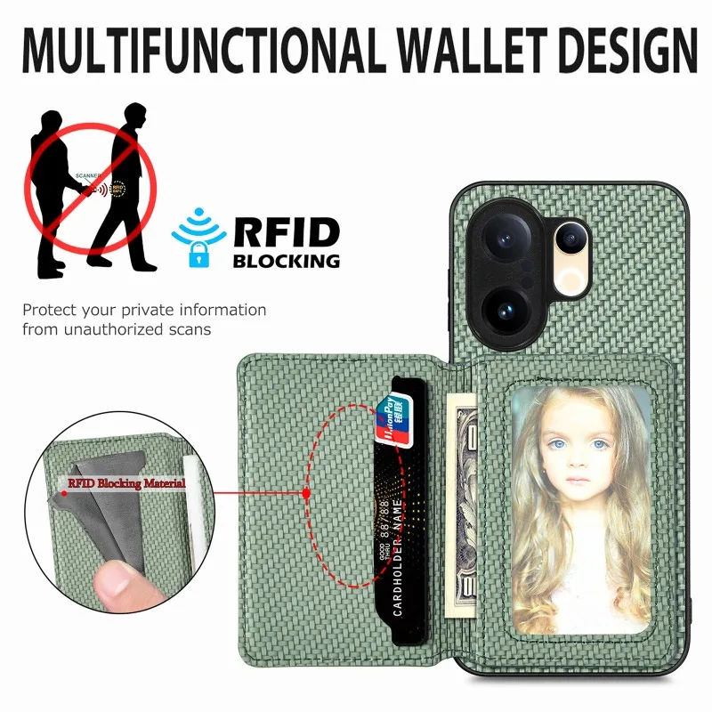 Para VIVO X200 FE imán cartera tarjetero Funda de cuero para VIVO S30 Pro Mini fibra de carbono Flip cuero cubierta con soporte magnético - imagen 3