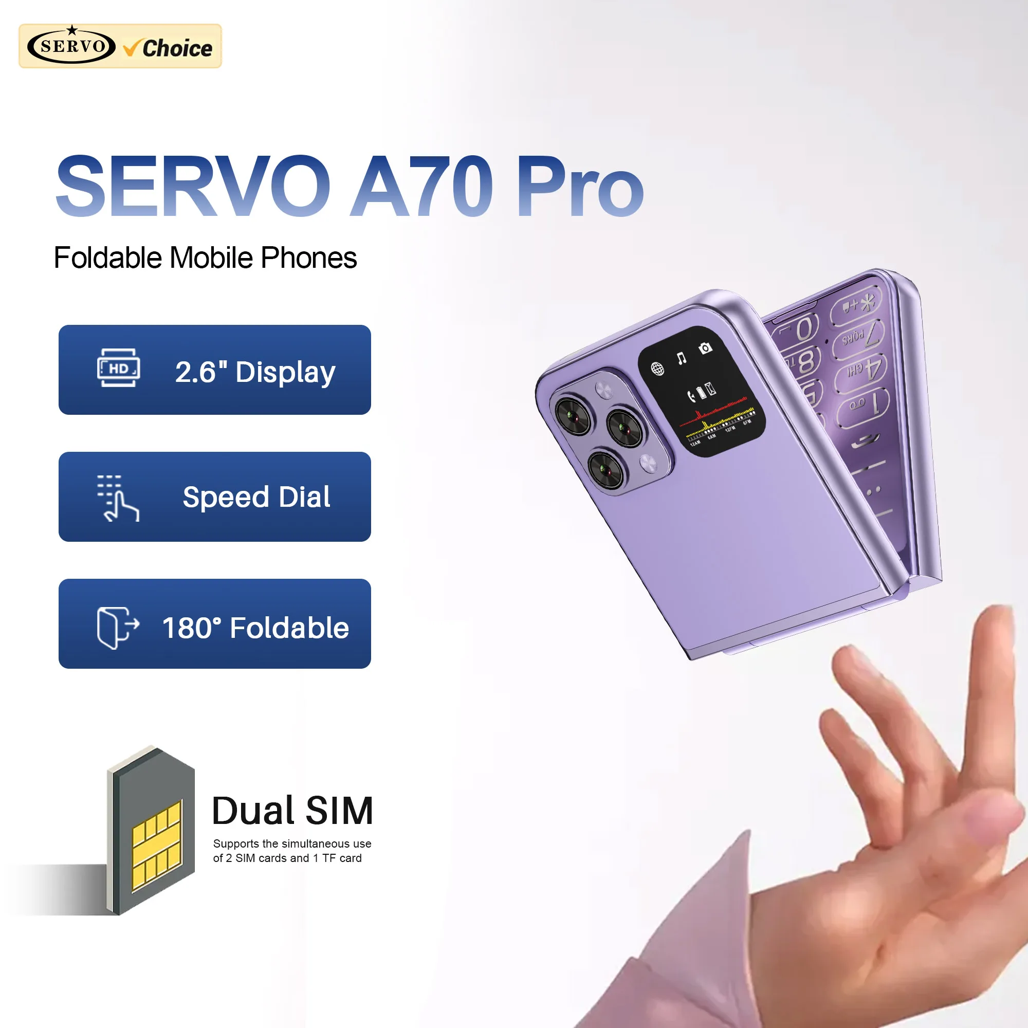SERVO A70 Pro 3G WCDMA Flip teléfono móvil 2 SIM grabación de llamadas en espera linterna velocidad Dial FM botón Clamshell teléfono móvil tipo C