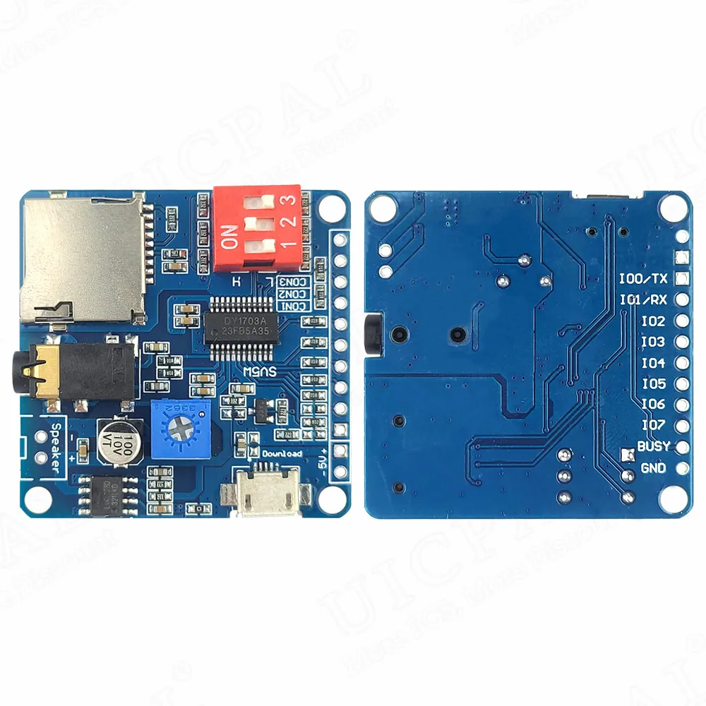 Módulo de sonido de voz DY1703A para Arduino, módulo de reproductor MP3, disparador de E/S UART, placa amplificadora Clase D, tarjeta SD/TF de almacenamiento de 5W y 8M