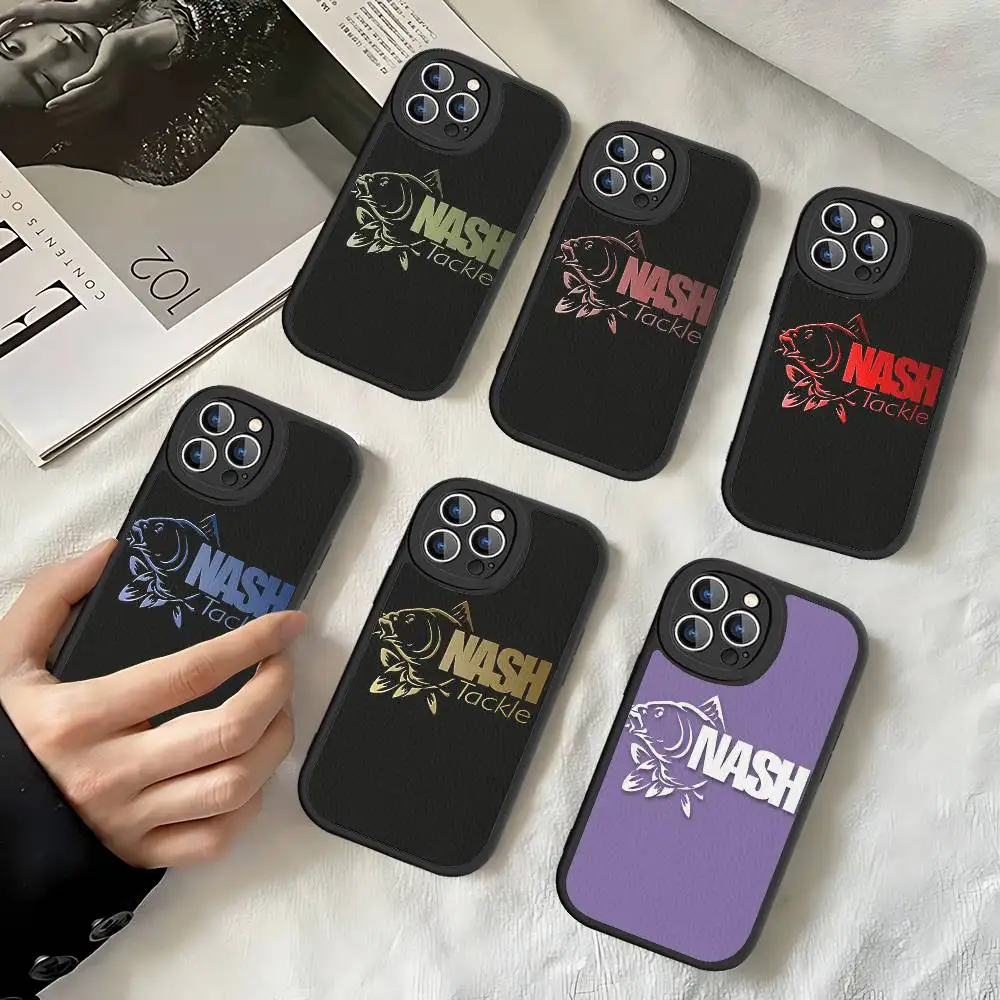 Funda de teléfono de cuero con logotipo de pesca N-Nashs para IPhone 16 14 15 Pro Plus 13 12 11 Pro Max, funda de silicona