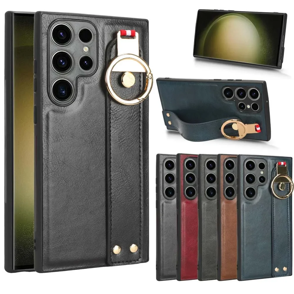 Funda para Samasung Galaxy S25 S24 S23 S22 Plus Ultra 5G PU soporte de cuero soporte de pulsera cubierta completa para cámara carcasa abridor de botellas