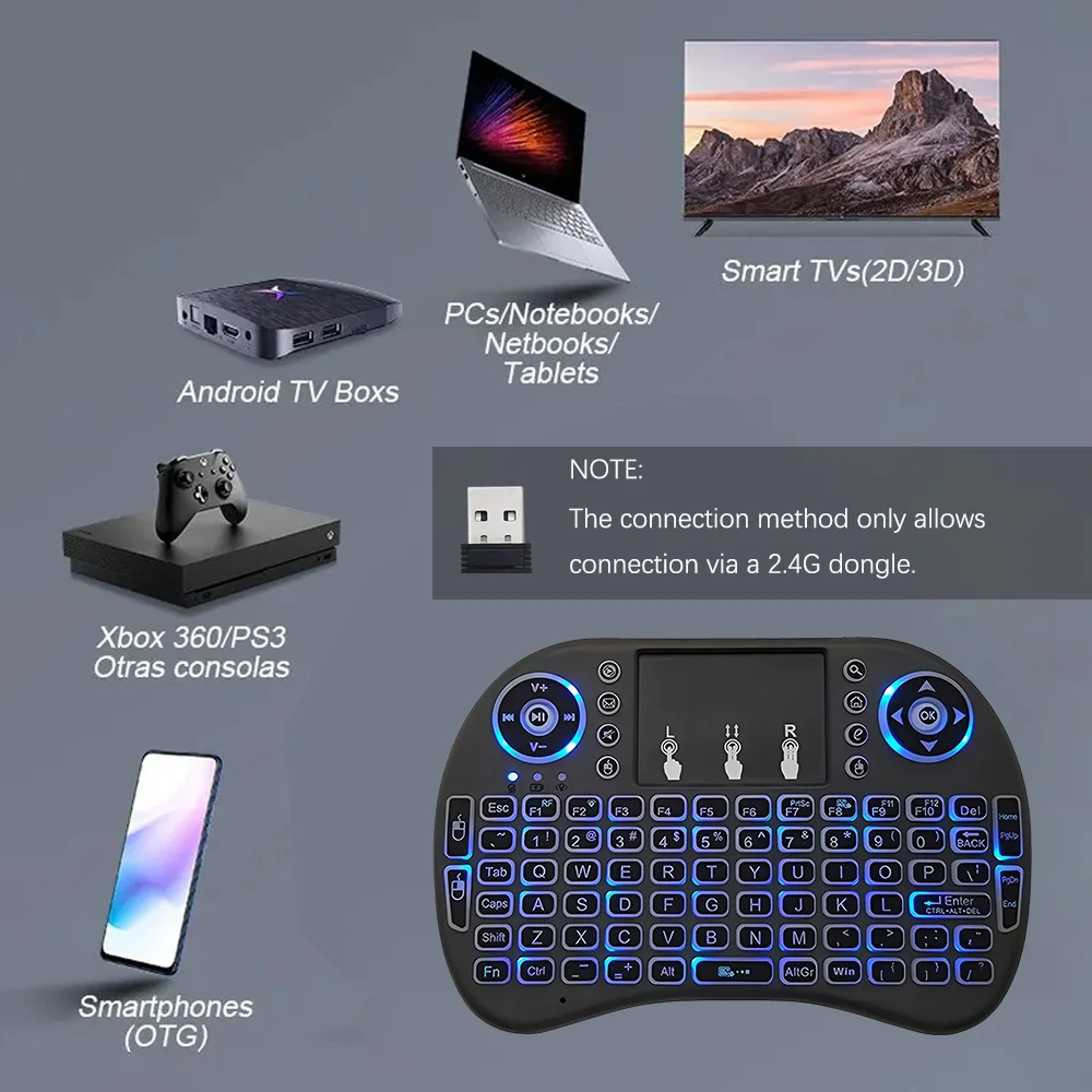 MRSVI i8 Air Mouse remoto 7 colores retroiluminado ruso francés portugués árabe 2,4G Mini teclado inalámbrico para Android TV Box, PC - imagen 5