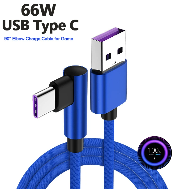 Cable de carga rápida 3A, codo de 90 grados, tejido suave para jugar al juego, Cable USB a tipo C para Xiaomi, Samsung, Huawei, cargador Realme