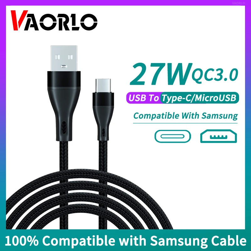 VAORLO Original QC3.0 27W Cable de carga rápida USB a tipo C/MicroUSB 1M 2M 3M Línea de datos del cargador 100% compatible con Samsung iPhone 15series Android