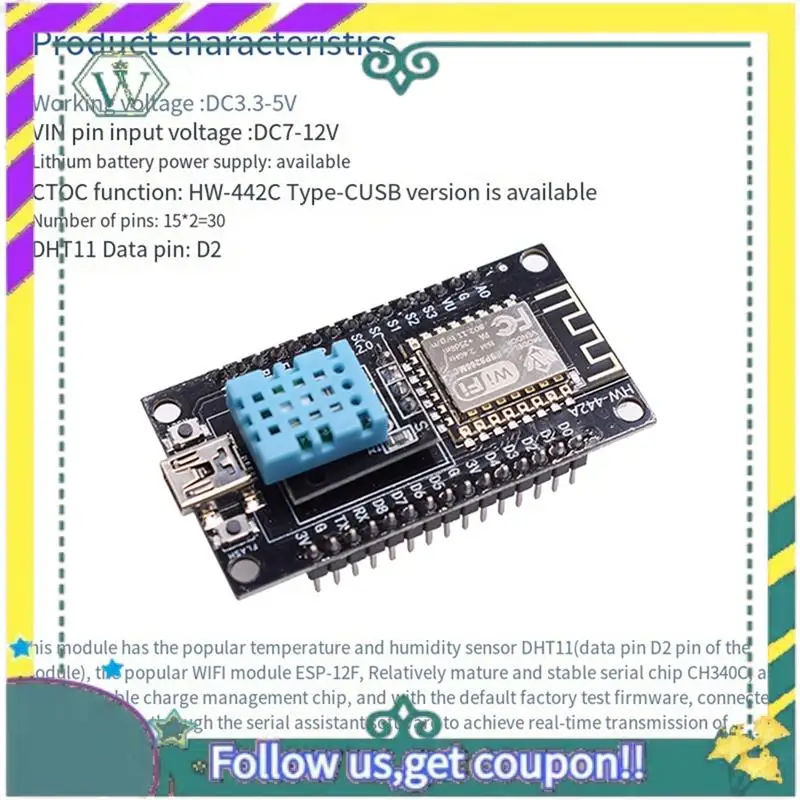 Nueva versión DHT11, Sensor de temperatura y humedad, placa de desarrollo CH340, módulo de puerto serie Wifi extendido ESP8266, fácil de usar - imagen 2