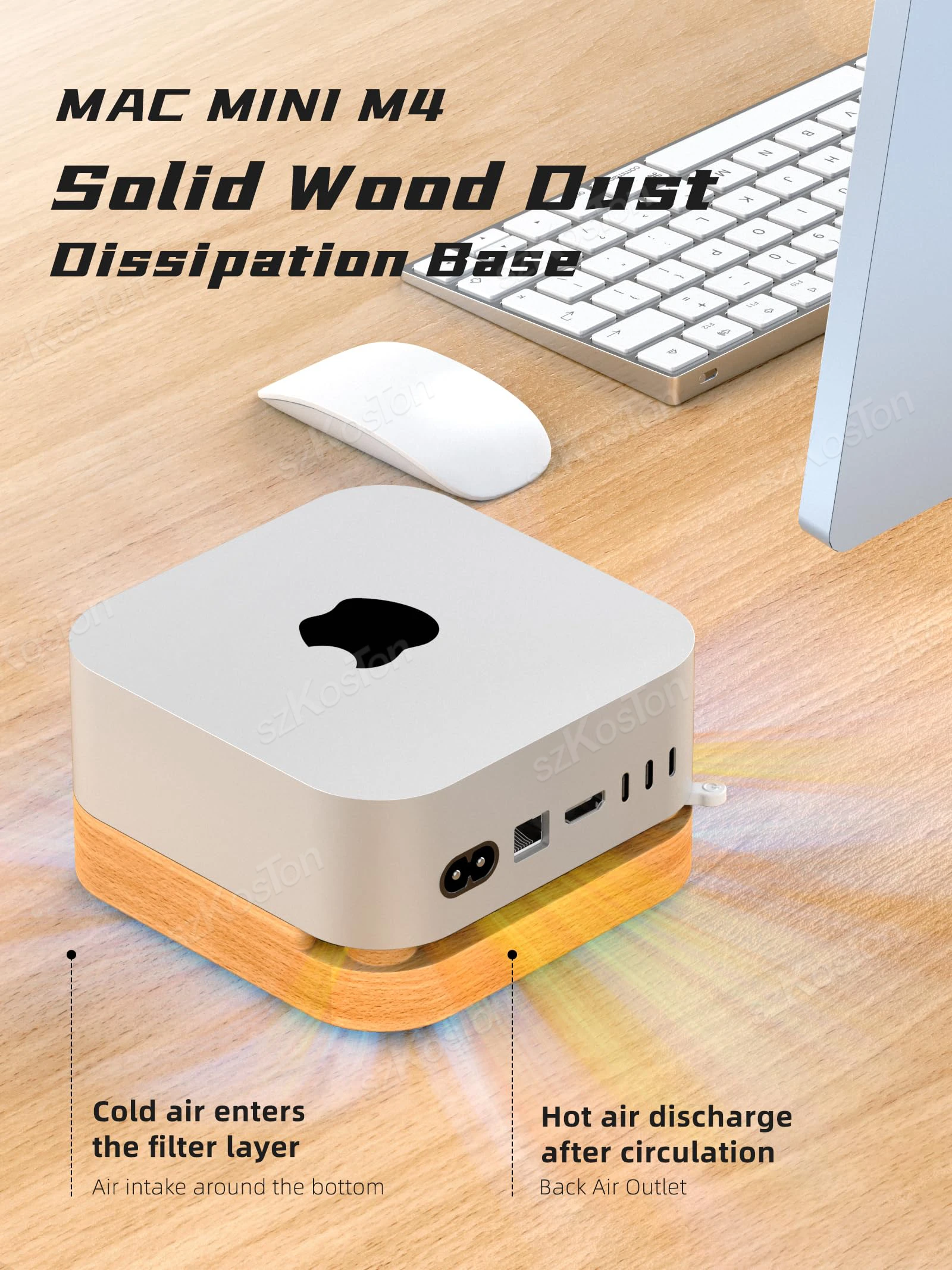 Base de madera a prueba de polvo para Mac Mini M4 y M4 Pro, soporte de escritorio para ordenador con botón de encendido externo, soporte de base de disipación de calor - imagen 5
