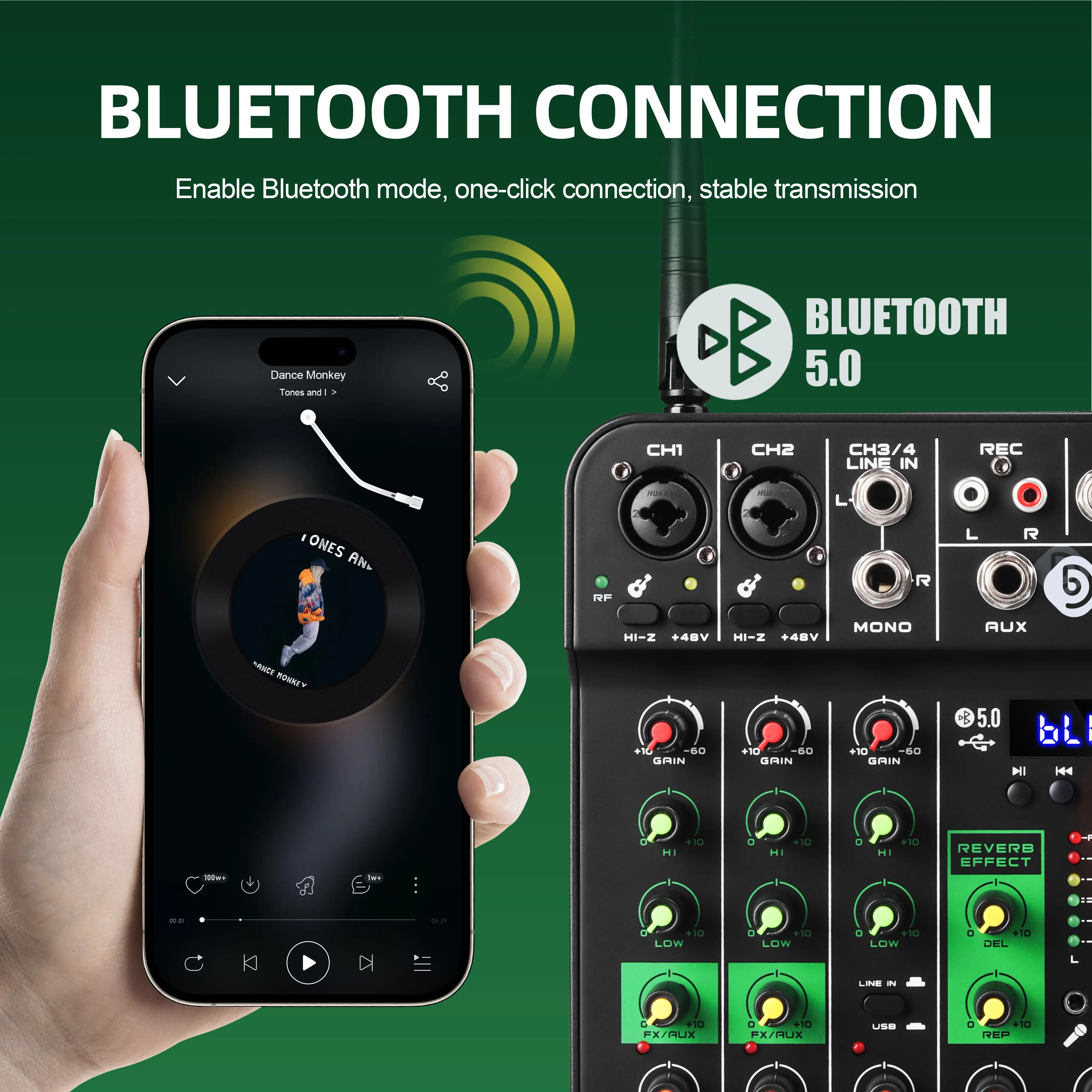 Consola mezcladora de sonido Debra de 4 canales con 2 micrófonos inalámbricos, interfaz de audio USB, efectos de retardo/repetición para PC y actuaciones en vivo - imagen 4