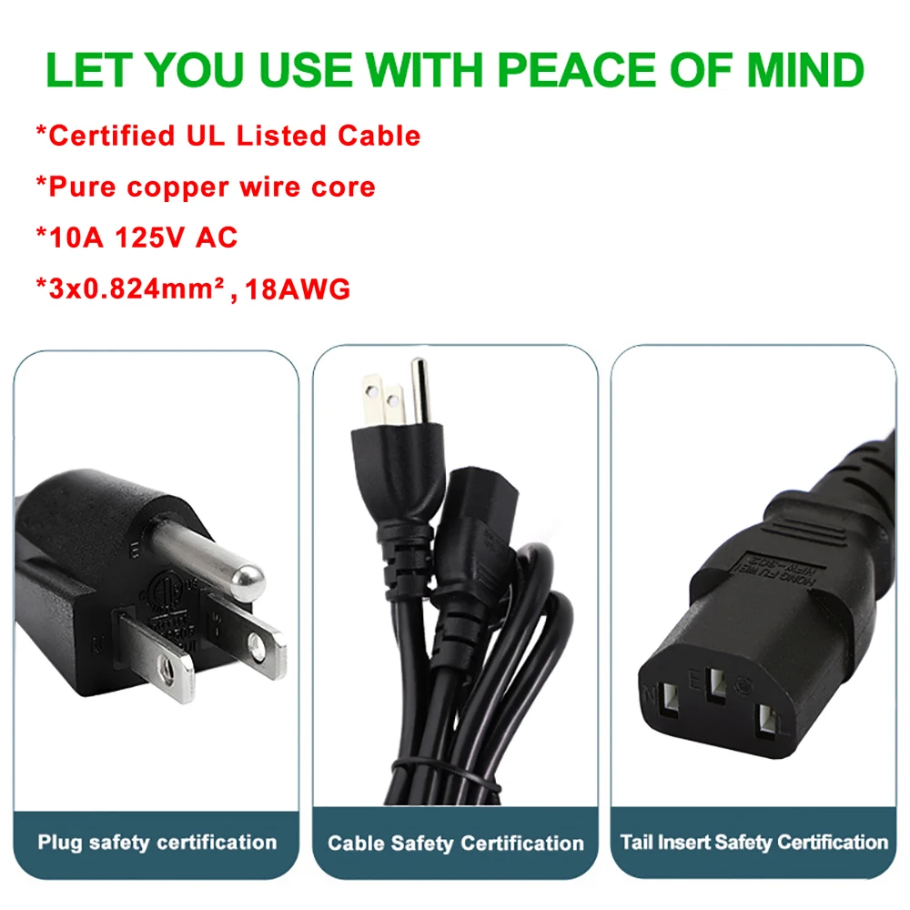 1,5 m US NEMA 5-15P a IEC C13 Cable de alimentación de CA 3 pines enchufe de EE. UU. Cable de alimentación Universal 10A 125V Cable de extensión negro 18AWG 1 ud. - imagen 5