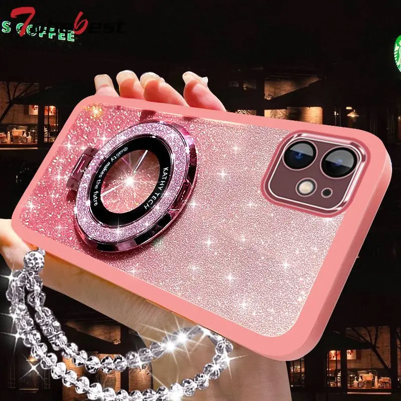Funda de silicona con soporte Magsafe para iphone, carcasa con purpurina y cristal para modelos 16, 15, 14, 13, 12, 11 Pro, XS Max, XR, X, 8, 7 Plus, SE 2020 - imagen 3