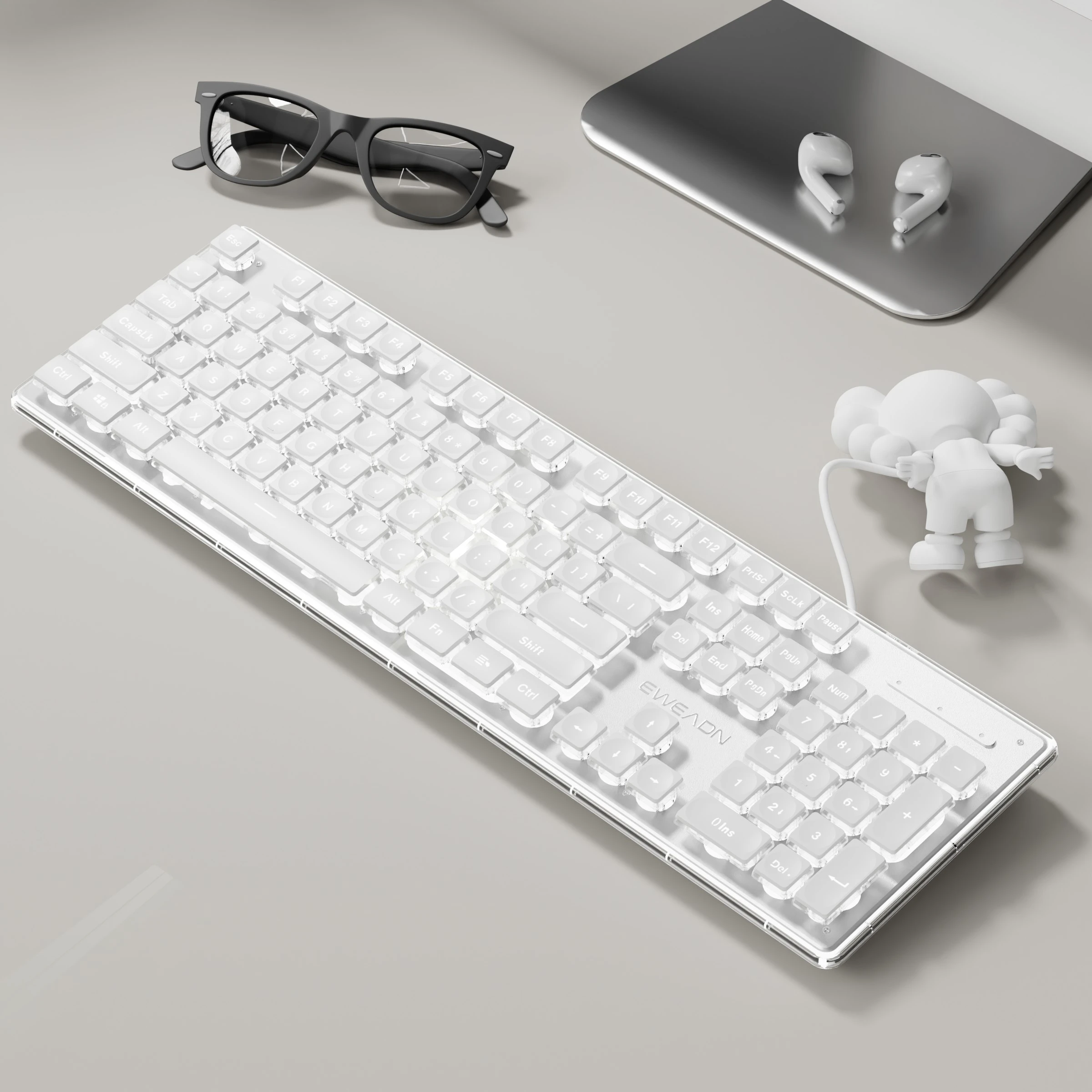 EWEADN Teclado silencioso de oficina con cable, retroiluminado blanco, USB de tamaño completo, panel totalmente metálico de 104 teclas, ergonómico, Windows/portátil/PC para juegos - imagen 2