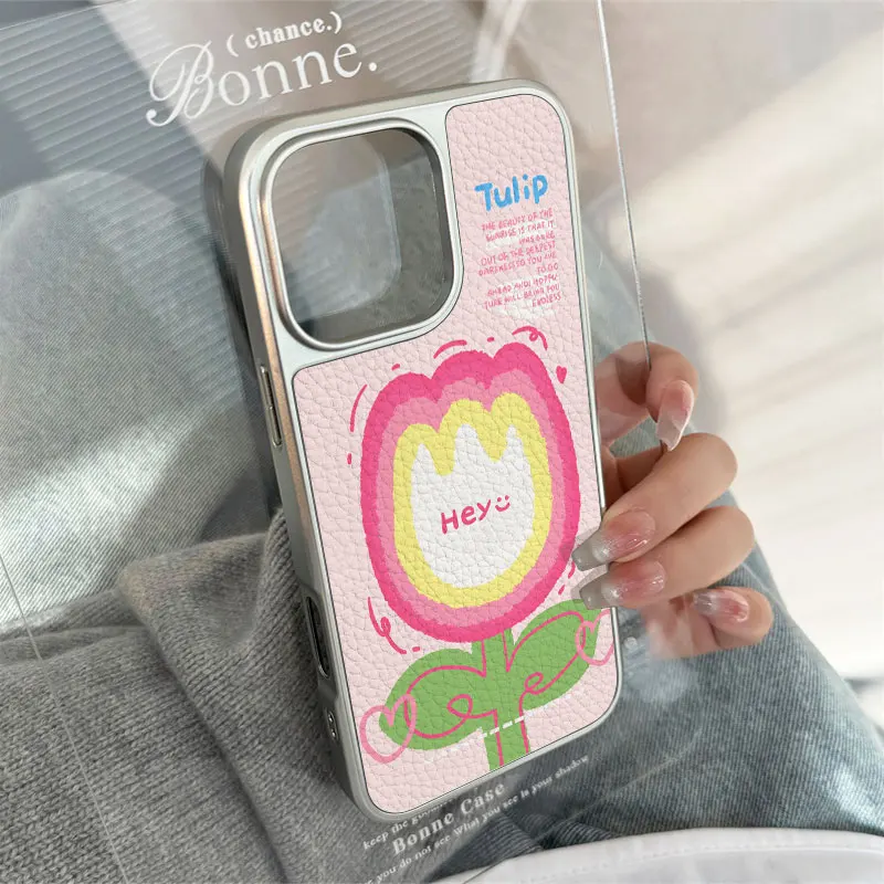 Funda de teléfono anticaída de TPU con textura de cuero de tulipán animado bonito para iPhone XR/11/12/13/14/15/16/17 Pro Max