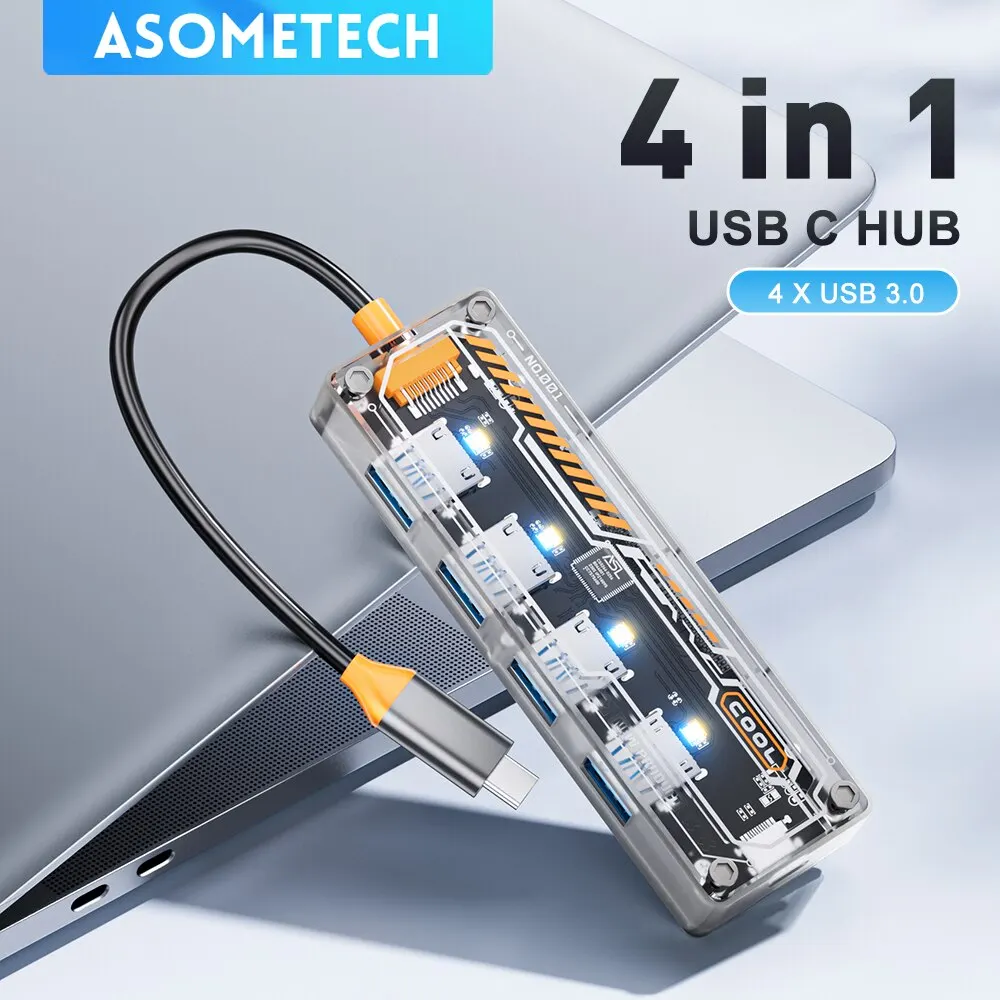 ASOMETECH-HUB tipo C 4 en 1 USB C a USB 3,0, estación de acoplamiento Punk transparente, adaptador divisor para MacBook, portátil, iPhone, Samsung