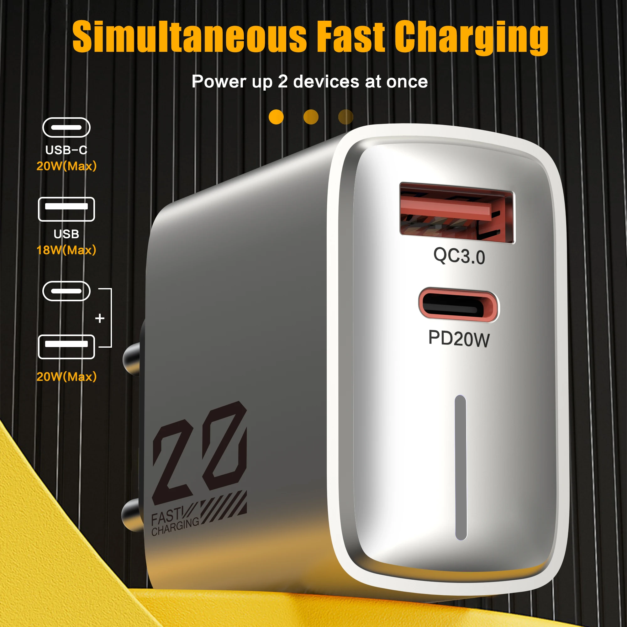 Cargador USB PD de 22W, puerto dual tipo C, carga rápida QC 3,0 para iPhone 15 14 13 Samsung Xiaomi 14, adaptador de cargador de teléfono portátil - imagen 5