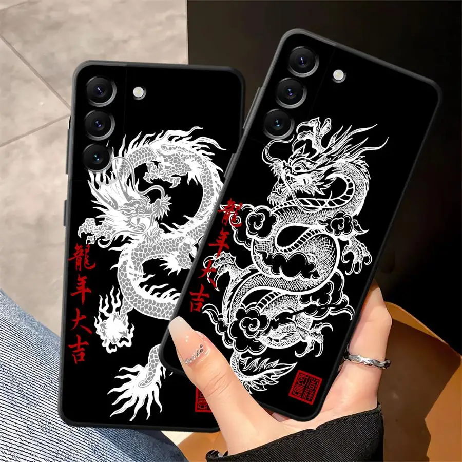 Funda de teléfono suave negra con diseño de dragón chino para Samsung Galaxy A36 A41 A26 A72 A51 A73 A24 A55 A22 A52 A23 A53 A25 A71 A32