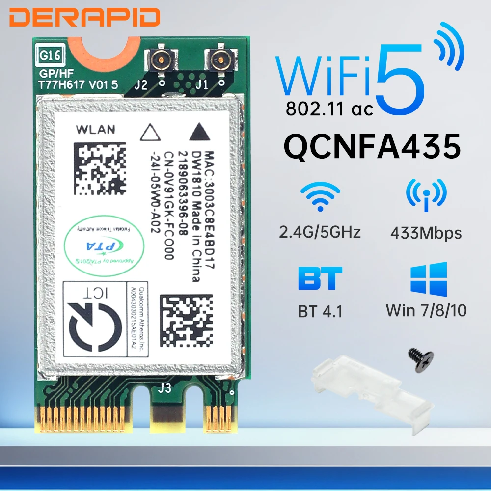 Tarjeta WiFi QCA9377 de doble banda, adaptador Bluetooth 4,1 de 433Mbps, adaptador de red NGFF 802.11AC QCNFA435 para Win7/8/10 para PC/portátil