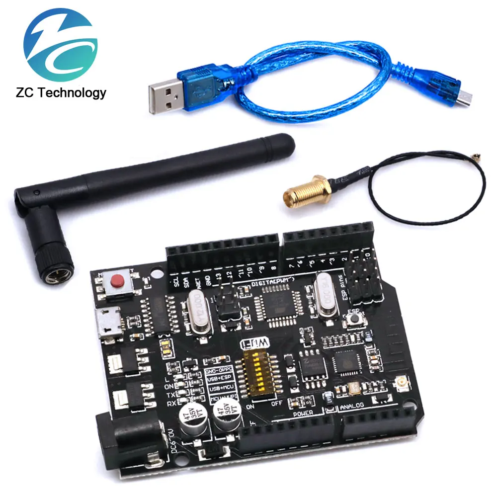 Placa de desarrollo UNO + WiFi R3 ATmega328P + ESP8266 CH340 (Memoria de 32Mb) 6V-9V USB-TTL CH340G para Arduino NodeMCU WeMos One