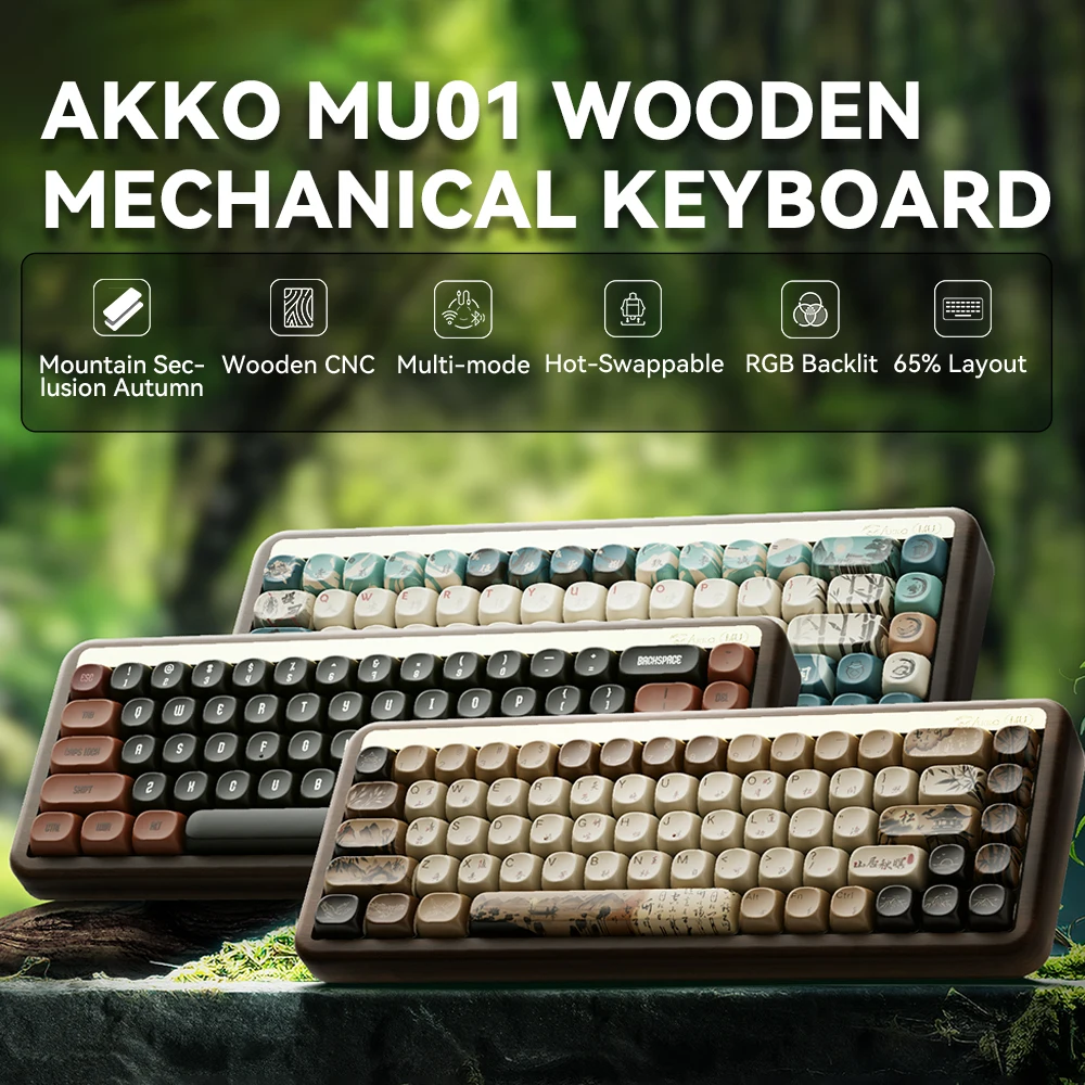 Akko MU01 Mountain Seclusion Teclado mecánico de madera RGB intercambiable en caliente BT 5,0/2,4G teclado inalámbrico y tipo C para juegos por cable - imagen 2