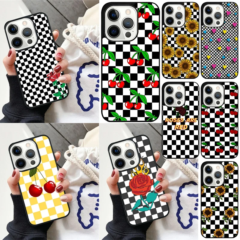 Funda de teléfono con diseño de girasol y rosa a cuadros para iPhone 17 Air 16 15 14 12 13 PLUS 11 PRO MAX