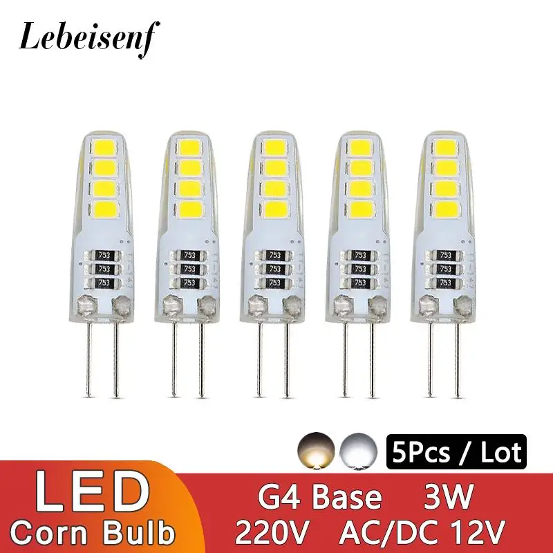 Bombilla LED de maíz Base G4 5 unids/lote 3W 220V AC/DC12V blanco cálido 3000K blanco frío 6000K un solo Color