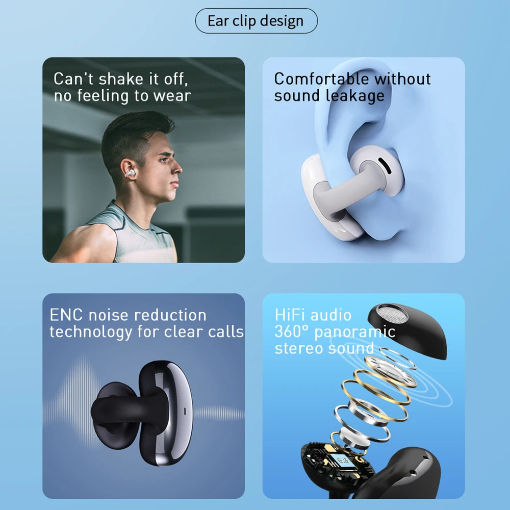 Auriculares inalámbricos con Clip para la oreja, audífonos deportivos sin entrada, sonido estéreo de 360 °, a prueba de sudor, con cancelación de ruido ENC - imagen 2