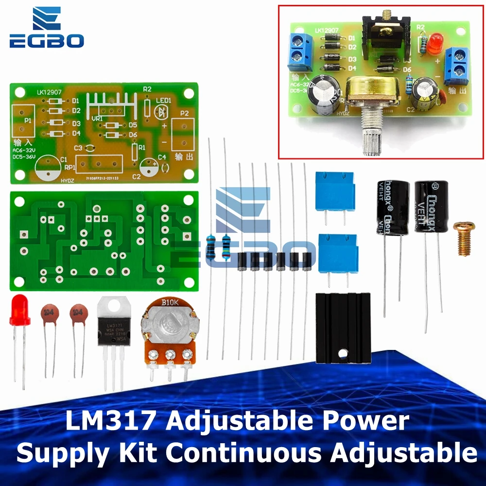 Kit de fuente de alimentación ajustable LM317, fuente de alimentación CC ajustable continua, piezas de entrenamiento de enseñanza DIY