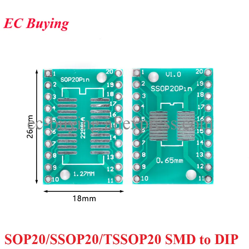 10 uds/2 uds SOP20/SSOP20/TSSOP20 SMD a DIP SOP SSOP TSSOP 20 giro DIP20 adaptador placa convertidora placa PCB Pinboard 0,65/1,27 MM
