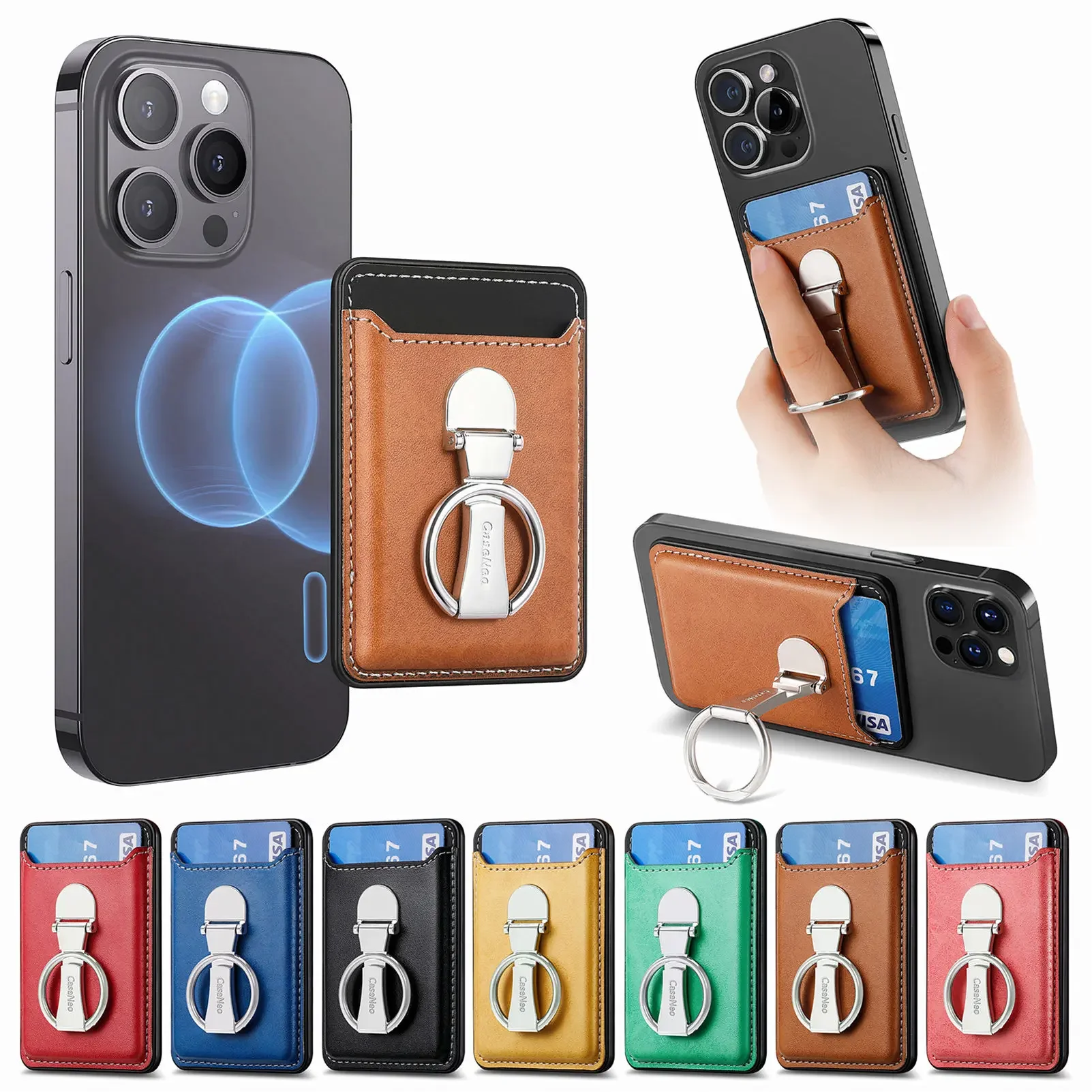 Bolsa magnética para tarjetas de atracción fuerte para iPhone 15 Pro Max 14 13 12, billetera con ranuras para tarjetas, soporte de anillo plegable, bolsa de soporte para Magsafe - imagen 3