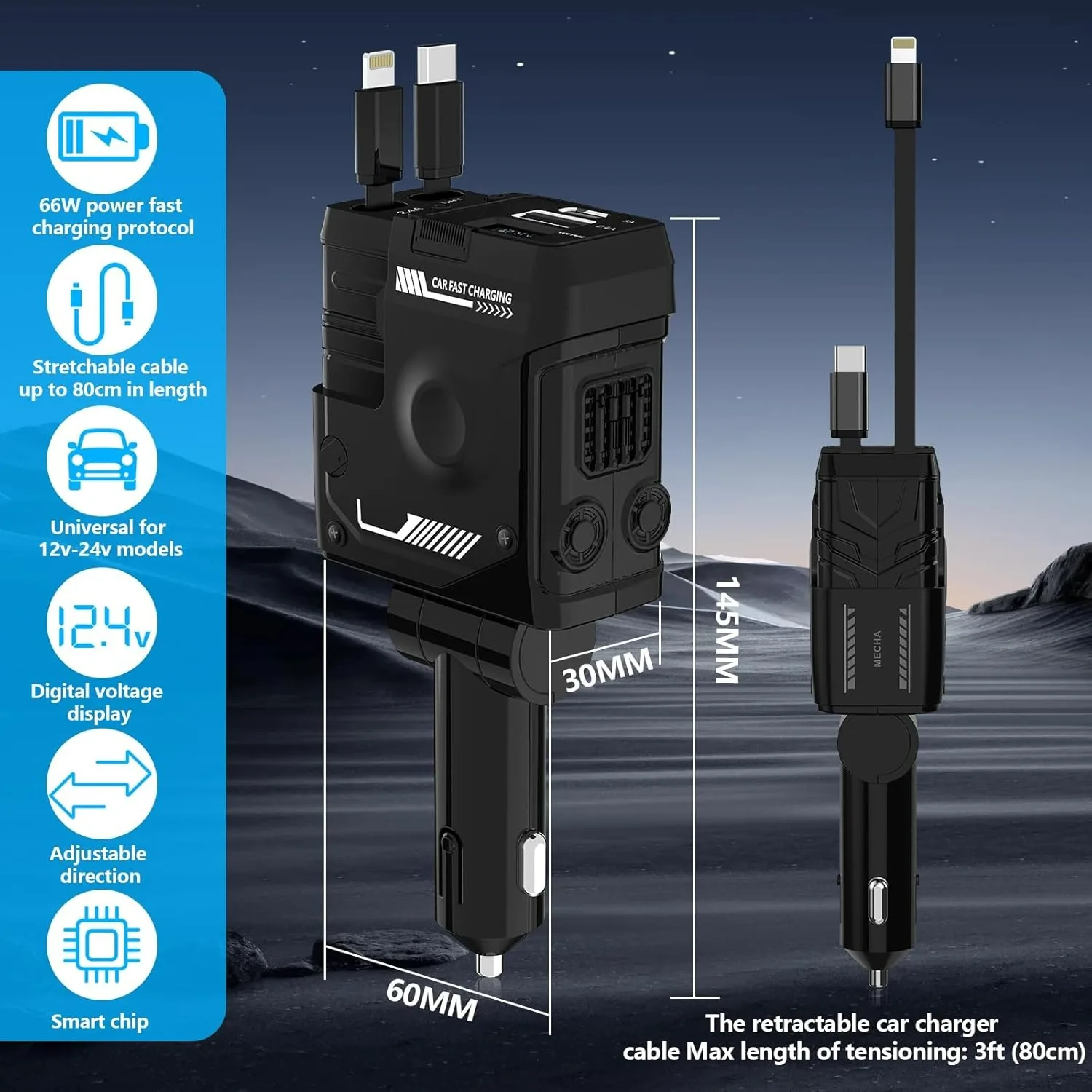 Cargador de coche retráctil de 120W 4 en 1, carga Flash súper rápida para coche, Cable telescópico, cargador de teléfono para coche para iPhone Huawei - imagen 5
