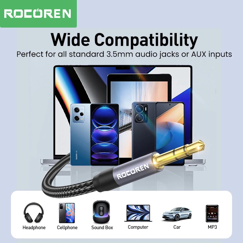 Rocoren-Cable auxiliar de Audio macho a macho, Conector de 3,5mm para teléfono, auriculares, coche, MP3, altavoz, ordenador, 5 M - imagen 3