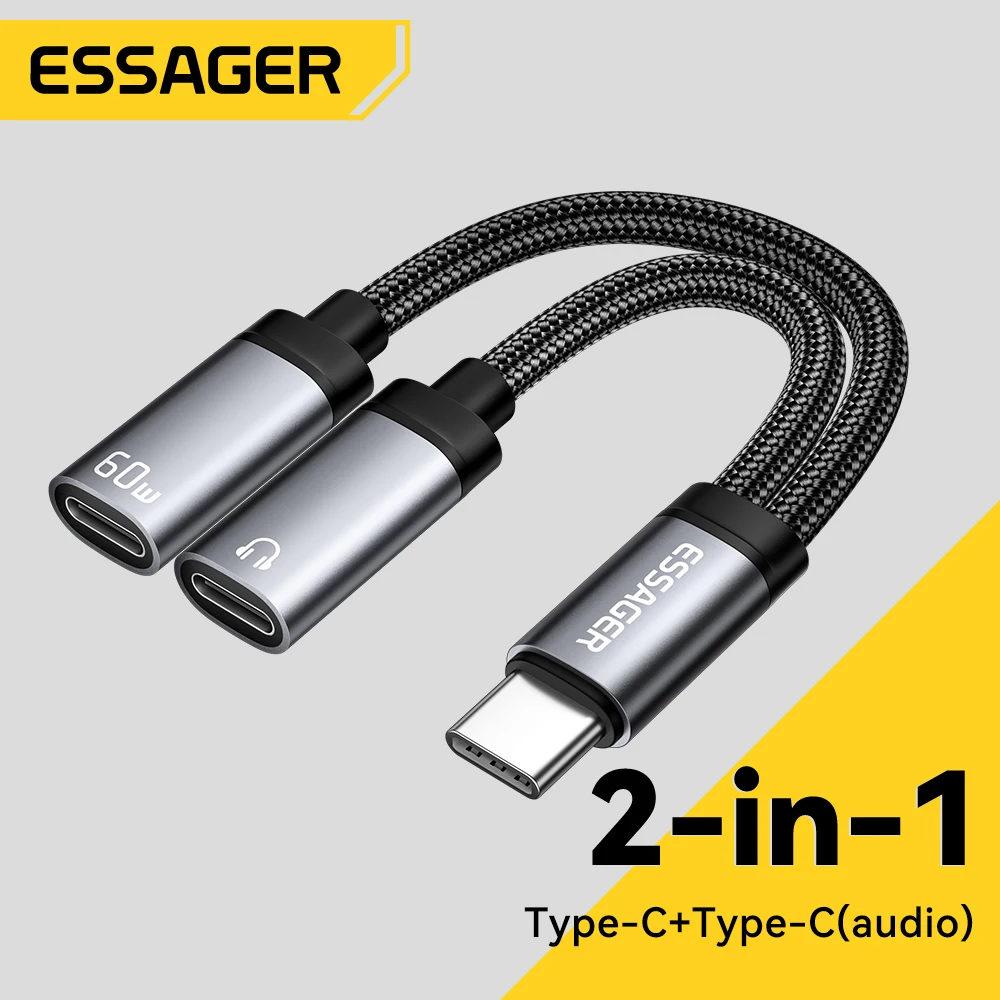 Essager-Adaptador de auriculares 2 en 1 Tipo C a 3,5mm, Cable auxiliar, PD, 60W, carga rápida para iPhone 16, 15, Samsung, Xiaomi 14, 13, Tablet PC