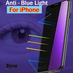 3 uds Anti rayos azules 9H vidrio templado para iPhone 16E 16 15 14 13 12 mini 11 Pro XR X Xs Max 7 8 Plus Protector de pantalla