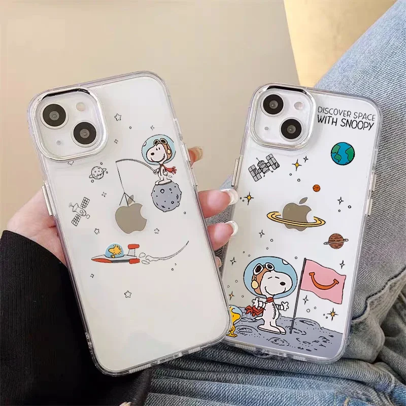 Funda de teléfono transparente con diseño de Snoopy para Iphone 16, 15, 13, 12, 11 Pro Max, 16E, 14 Plus, 13 Pro, XS Max, XR, 7, 8, SE, 2022, cubierta de lente de Metal - imagen 3