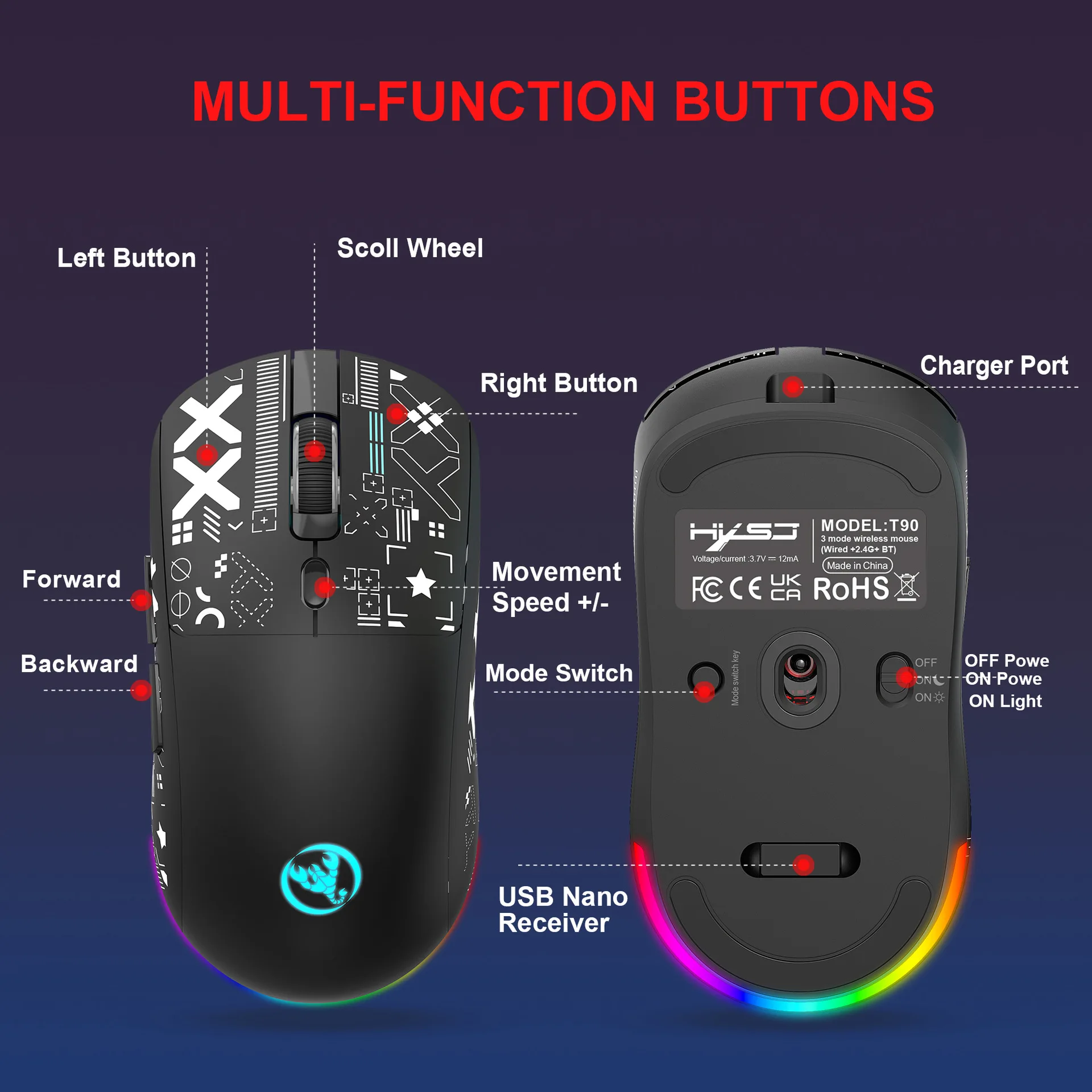 Ratón para juegos Bluetooth de 3 modos, recargable, 2,4G, USB, inalámbrico, retroiluminado RGB, para iPad, tableta, ordenador portátil - imagen 4
