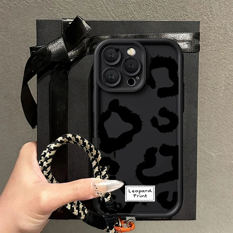 Funda con cordón y correa colgante con estampado de leopardo negro para IPhone 16 15 14 13 12 11 Pro Max Plus 17 Pro 17 Air 16E 13 Mini funda de silicona - imagen 2