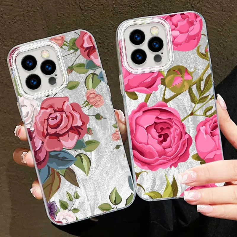 Patrón de rosa rosa para Apple iPhone 16 16E 15 14 13 12 11 8 XS X Pro Max funda de teléfono con textura de plumas