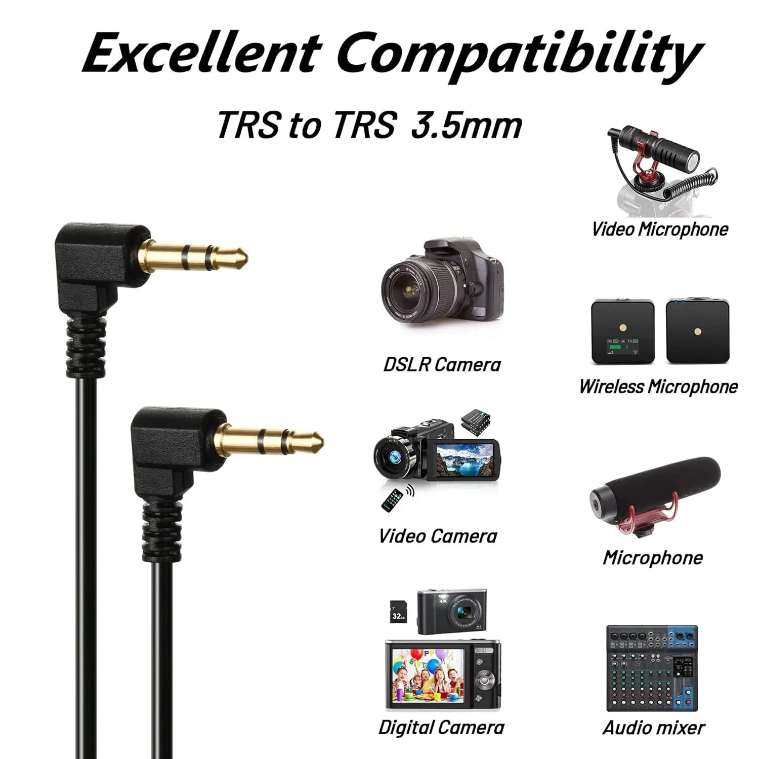 Cable de micrófono TRS a TRS de 90 grados, 3,5mm, 1/8 para cámara de videocámara, Cable de micrófono TRS a TRRS de ángulo recto en espiral para teléfono y tableta - imagen 3
