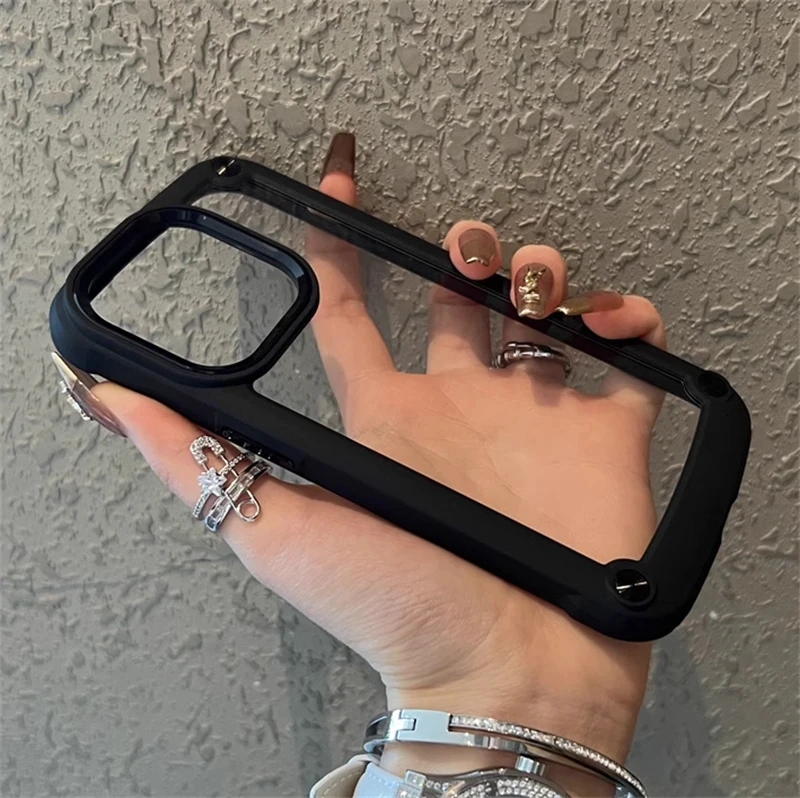 Funda de teléfono transparente con armadura a prueba de golpes para iphone 11, 12, 13, 14, 15 Pro Max, 14 15Plus, cubierta dura de parachoques con botón de Metal acrílico transparente - imagen 4