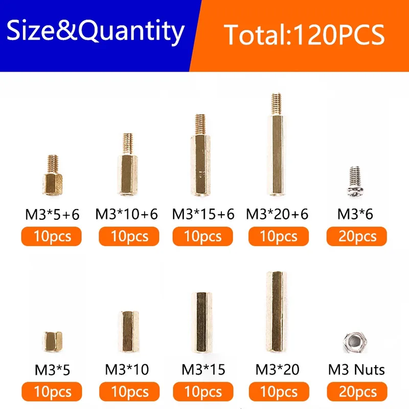 120 Uds M3 tornillos de acero inoxidable tuercas latón Hexagonal columna de cobre columna aislante espaciador juego de columna M3 * 6 M3 * 15 M3 * 10 M3 * 20 - imagen 2