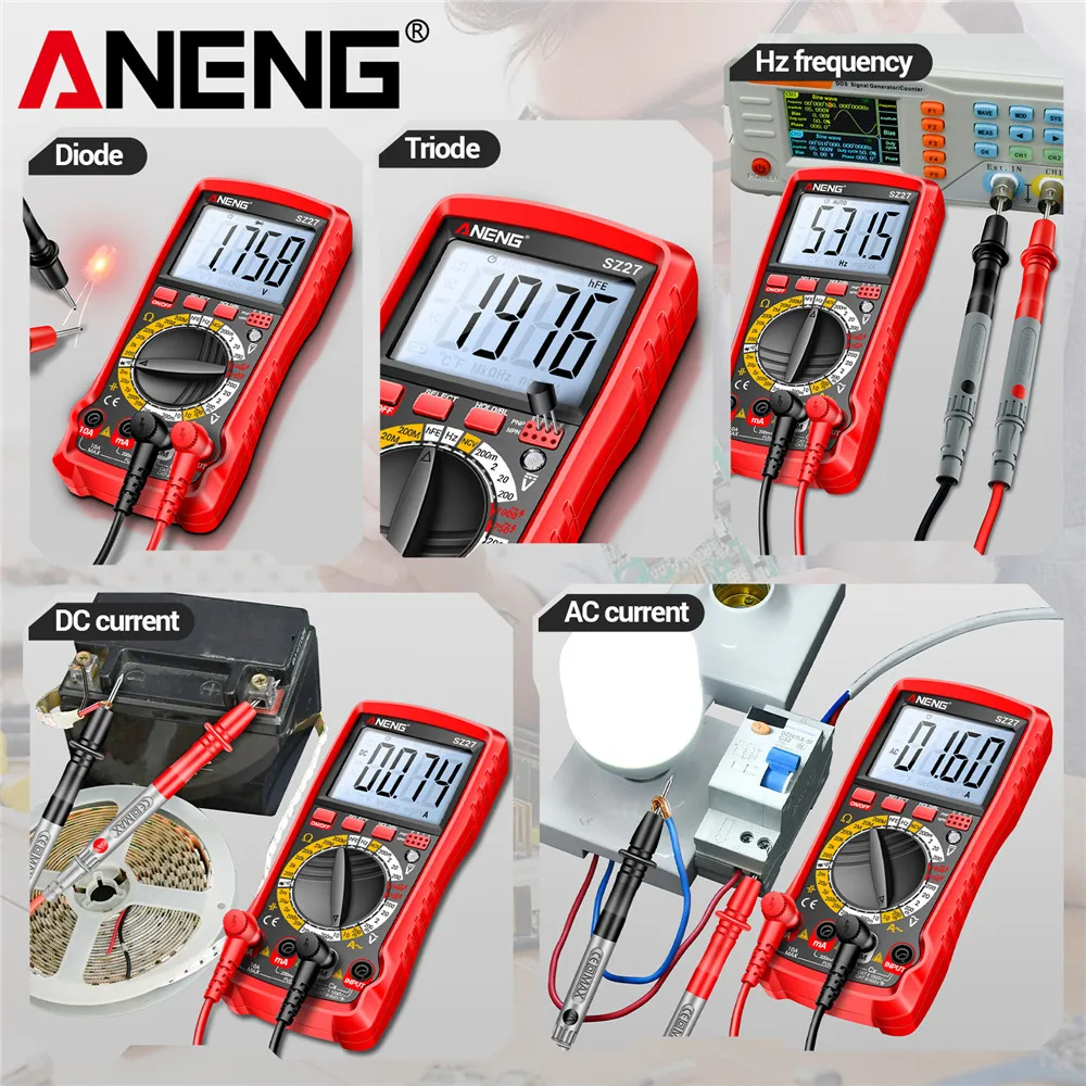 Multímetro Digital probador voltaje CA/CC corriente Ohm ANENG SZ27 voltímetro NCV prueba de capacitancia resistencia 1999 herramientas de recuentos - imagen 5
