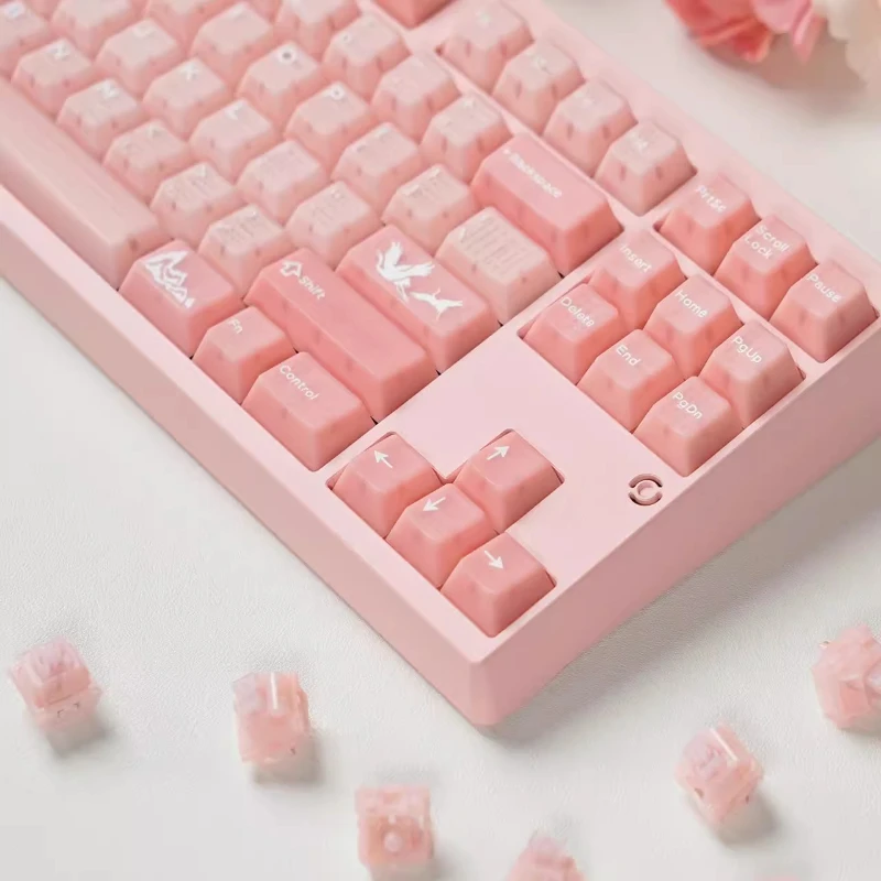 Domi-teclas rosas semitransparentes con Base de loto, teclas personalizadas con perfil de cereza PBT, tapa de tecla de punto transparente de Anime de dibujos animados - imagen 3