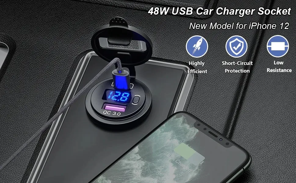 Cargador de coche USB tipo PD C, enchufe de cargador USB dual para coche de 12V/24V, con interruptor, adecuado para camiones, barcos, motocicletas ATV DVR - imagen 5