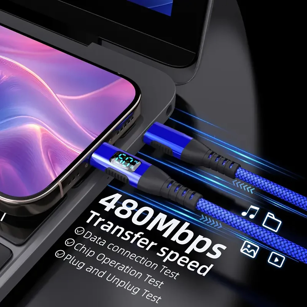 Cable de carga rápida PD trenzado de nailon, 60W, 100W, tipo C a USB C, con pantalla LED, para teléfono, Huawei, Xiaomi, Samsung, 1M, 2M, 3M - imagen 5