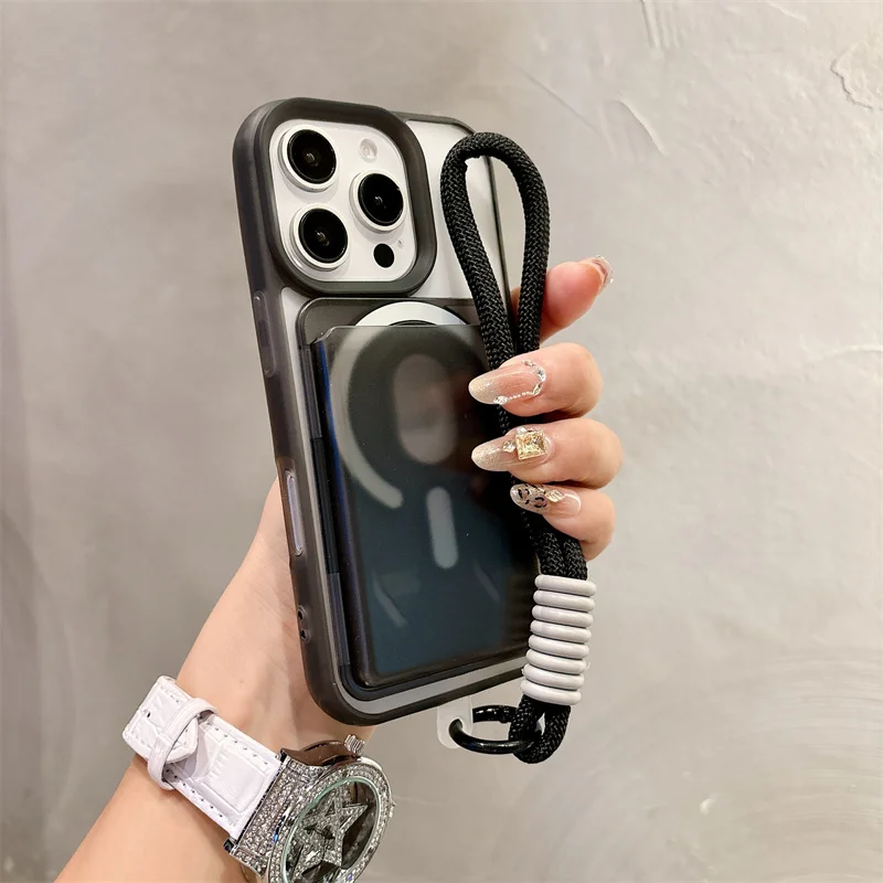Funda de teléfono con cordón y bolsa para tarjetas con ranura magnética a la moda para iPhone 12 13 14 15 16 17 Pro Max Plus para Magsafe, funda esmerilada a prueba de golpes - imagen 2