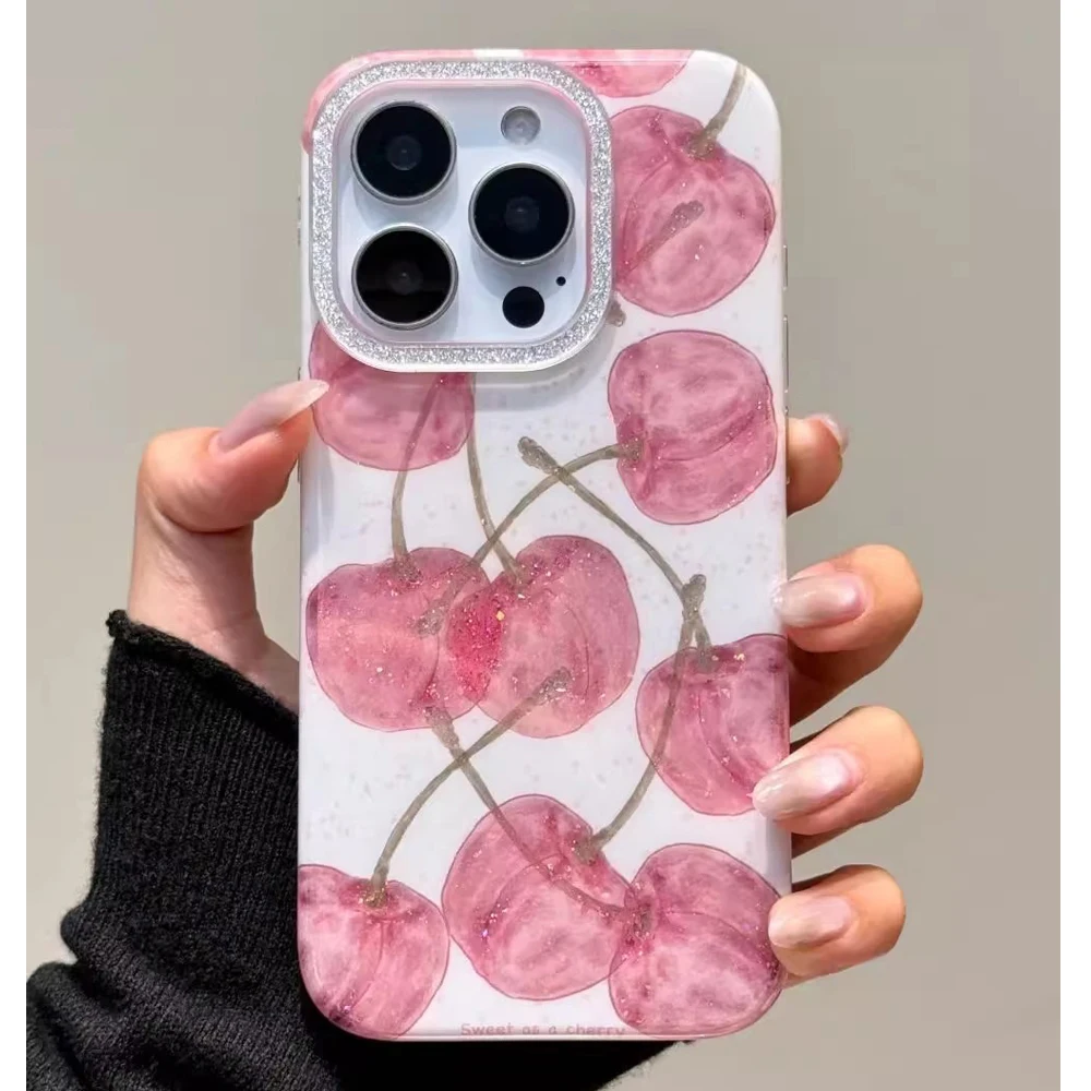 Funda de teléfono INS con bonito diseño de cereza y purpurina para Iphone 15 16 14 13 Pro Max 16 Pro, funda trasera encantadora con diamantes, funda para mujer y niña - imagen 2