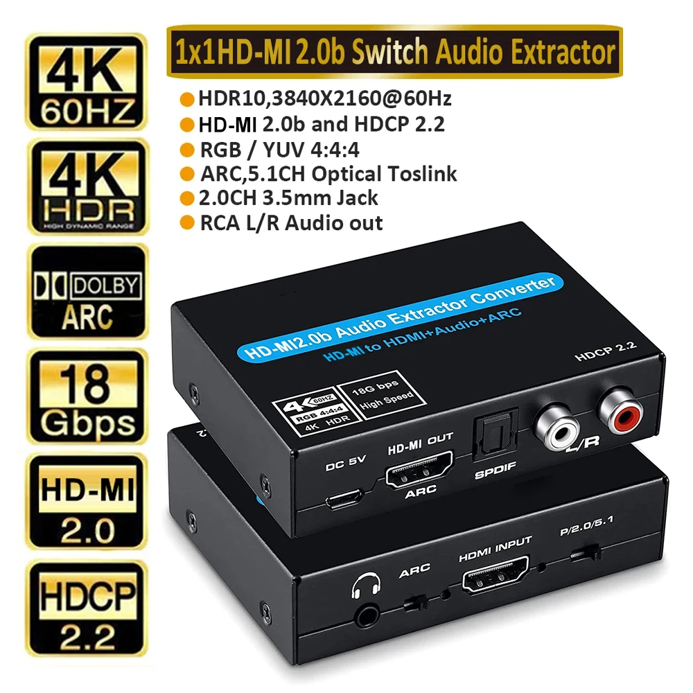 Extractor de Audio 4K 60Hz HDMI 2,0 compatible con 5,1 canales HDMI2.0b HDMI a HDMI Audio ARC Switch con enlace de Audio estéreo para Apple TV PS4