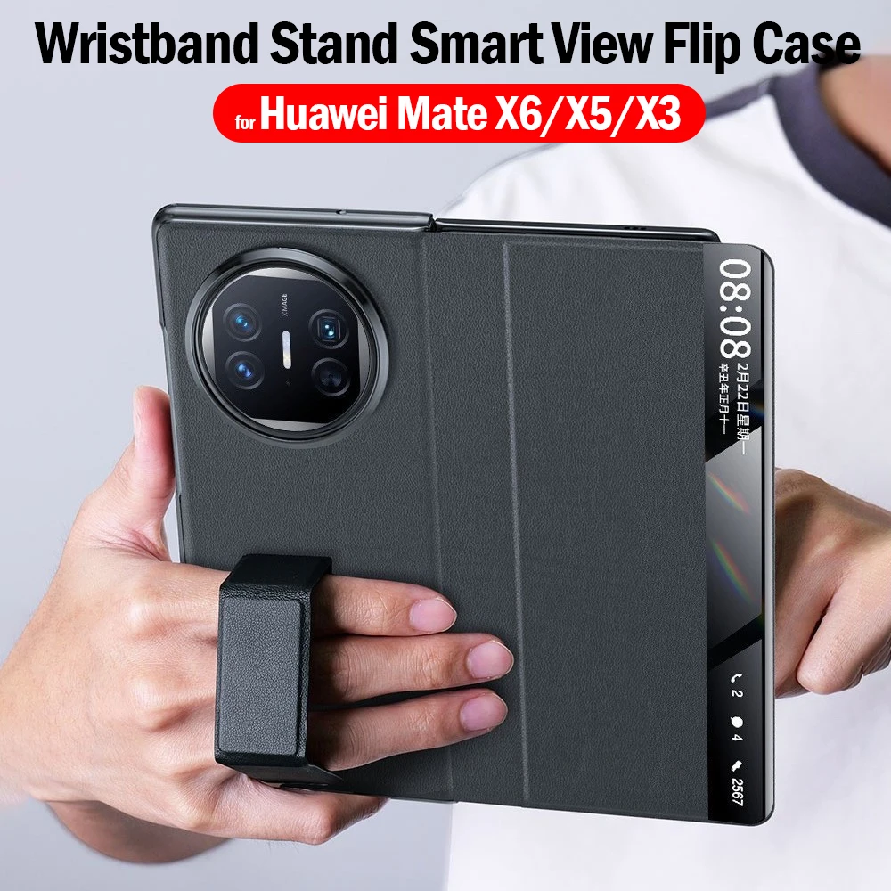 Funda con tapa y soporte de pulsera para HUAWEI Mate X6 X5 X3, Funda de cuero genuino táctil con protección de vista inteligente, Funda Capa para teléfono - imagen 2