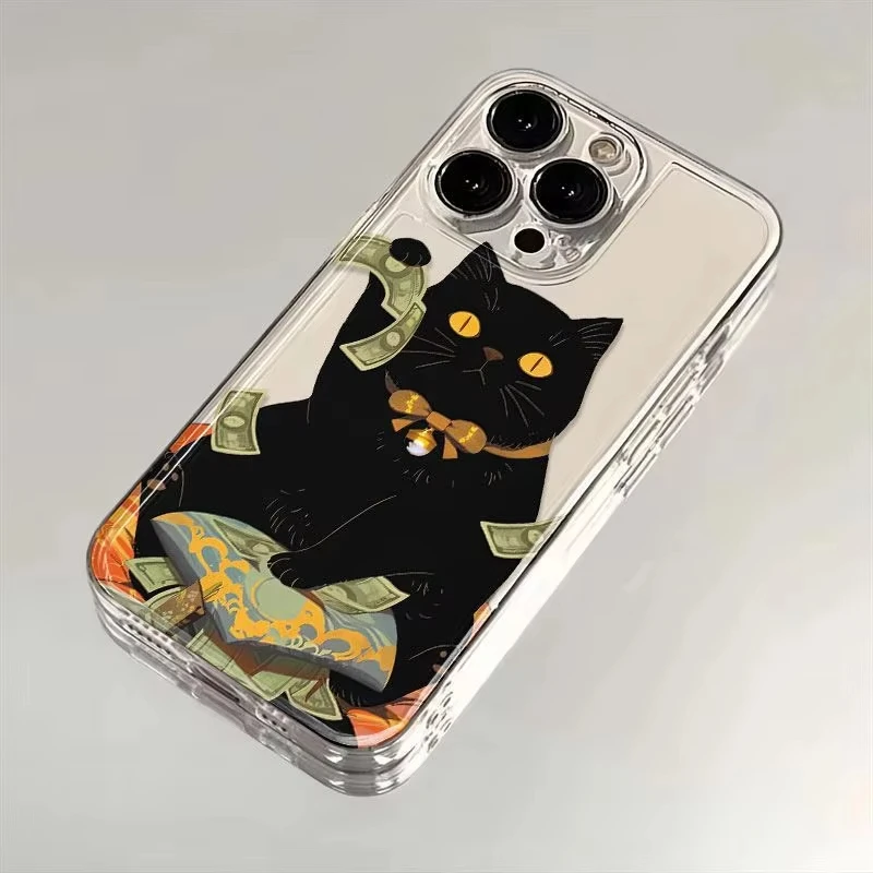 Funda de teléfono con patrón de gatito negro de dibujos animados INS para IPhone Air 17 16 15 14 Plus 13 12 11 Pro Max X XR XS MINI cubierta suave transparente - imagen 3