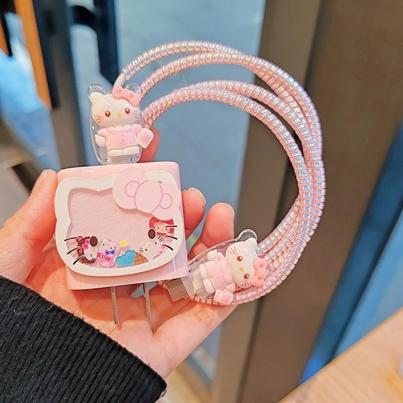 5 unids/set AndWobble Hello Kitty Cable cargador Protector cubierta para Samsung Galaxy 25w teléfono móvil Cable de datos funda protectora